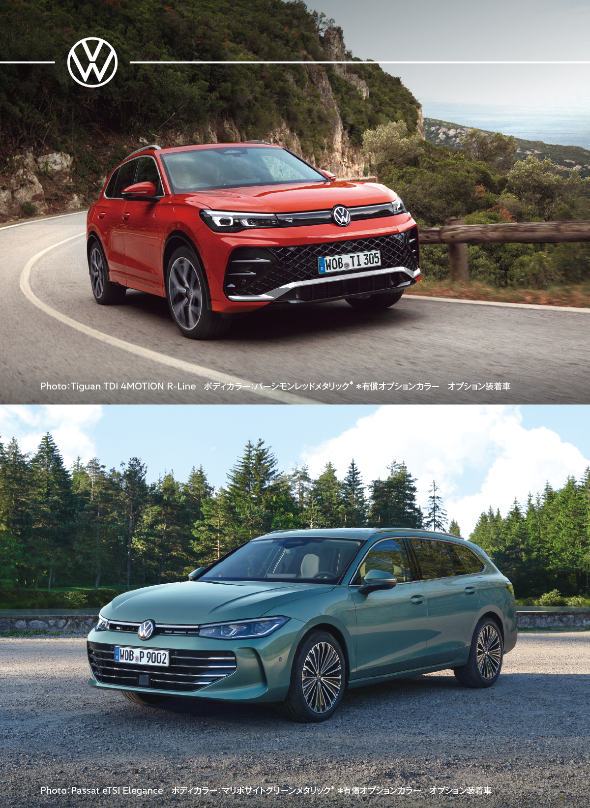 Photo：Tiguan TDI 4MOTION R-Line　ボディカラー：パーシモンレッドメタリック　オプション装着　Photo：Passat eTSI Elegance　ボディカラー：マリポサイトグリーンメタリック　オプション装着
